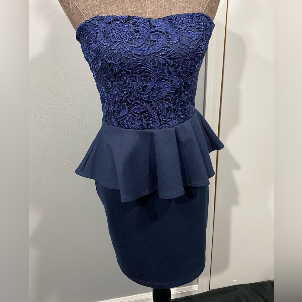 Aqua peplum dress, lace detail